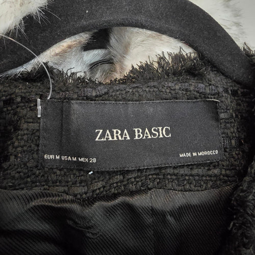 Zara Textured Black Longline Coat Size M Structured Military Button Jacket