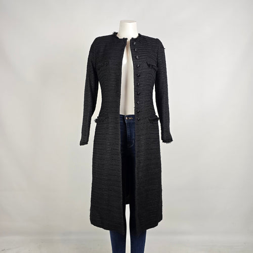 Zara Textured Black Longline Coat Size M Structured Military Button Jacket