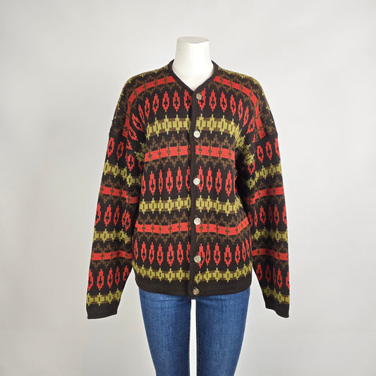 Vintage Pattern Knit Cardigan Size L Brown Red Green Button Front Sweater