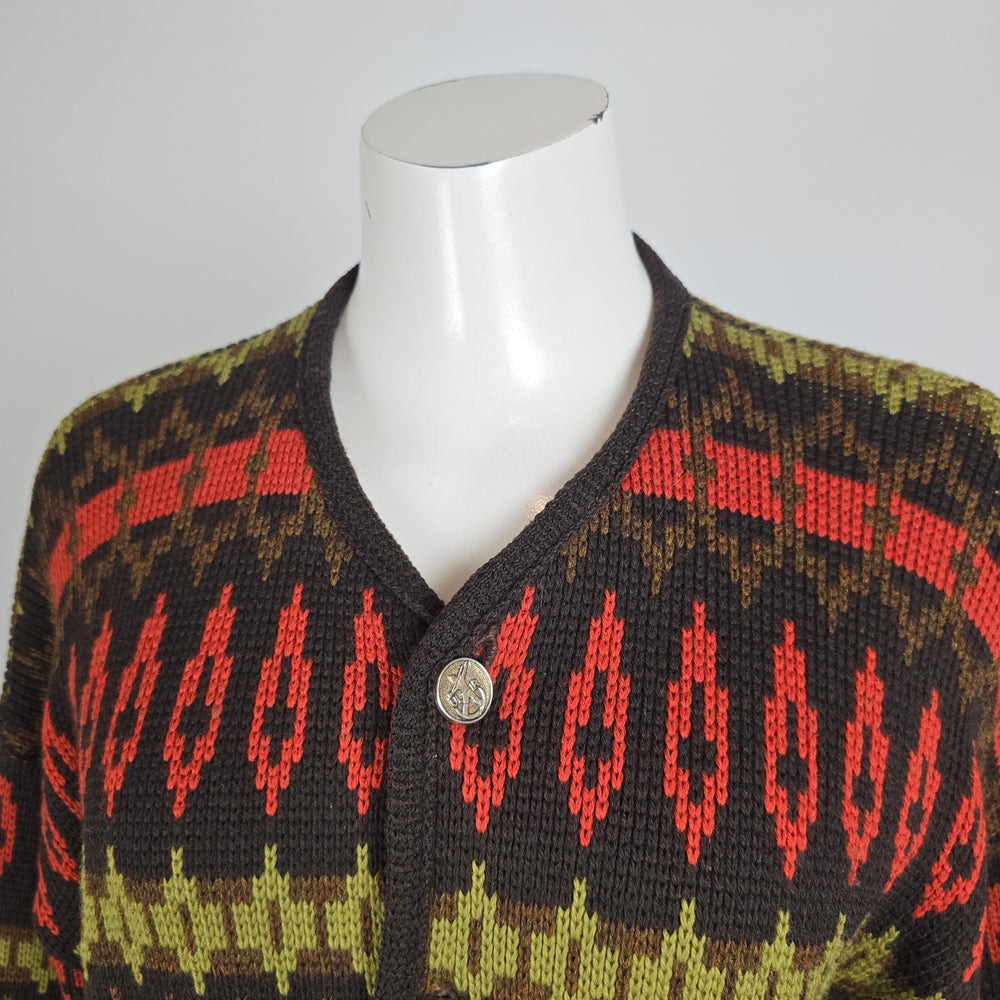 Vintage Pattern Knit Cardigan Size L Brown Red Green Button Front Sweater