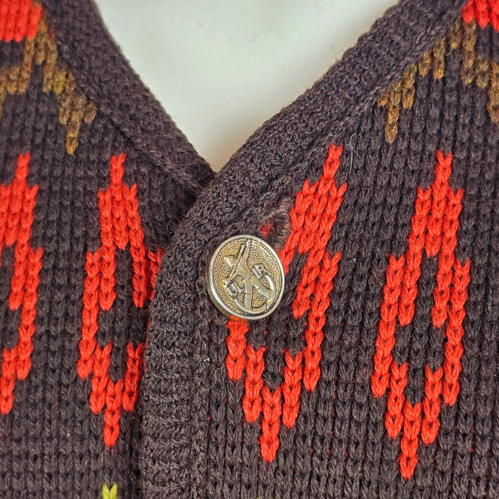 Vintage Pattern Knit Cardigan Size L Brown Red Green Button Front Sweater