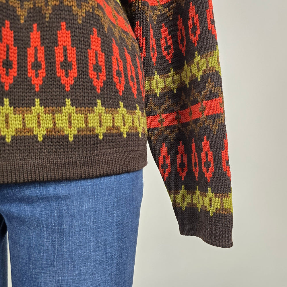 Vintage Pattern Knit Cardigan Size L Brown Red Green Button Front Sweater