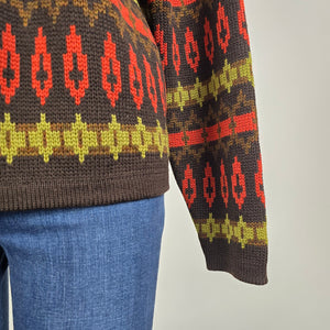 Vintage Pattern Knit Cardigan Size L Brown Red Green Button Front Sweater