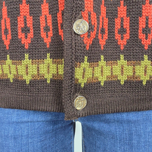 Vintage Pattern Knit Cardigan Size L Brown Red Green Button Front Sweater