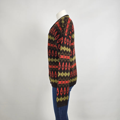 Vintage Pattern Knit Cardigan Size L Brown Red Green Button Front Sweater