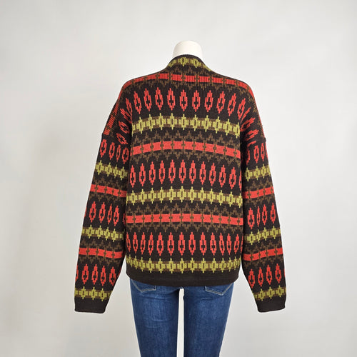 Vintage Pattern Knit Cardigan Size L Brown Red Green Button Front Sweater