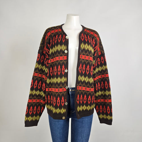 Vintage Pattern Knit Cardigan Size L Brown Red Green Button Front Sweater