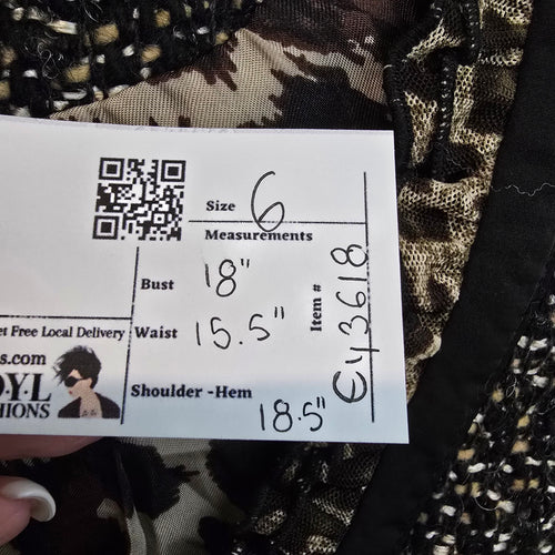 Tweed Jacket Blazer Size S Black Gold Textured Ruffle Trim Animal Print Detail