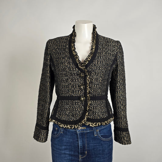 Tweed Jacket Blazer Size S Black Gold Textured Ruffle Trim Animal Print Detail