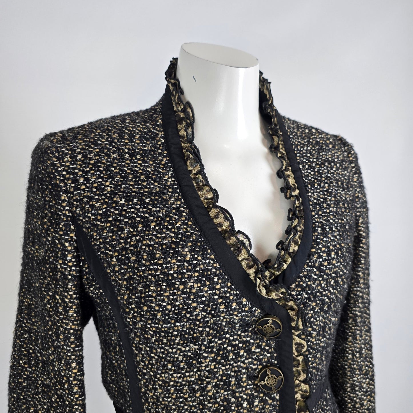 Tweed Jacket Blazer Size S Black Gold Textured Ruffle Trim Animal Print Detail