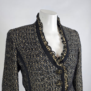 Tweed Jacket Blazer Size S Black Gold Textured Ruffle Trim Animal Print Detail