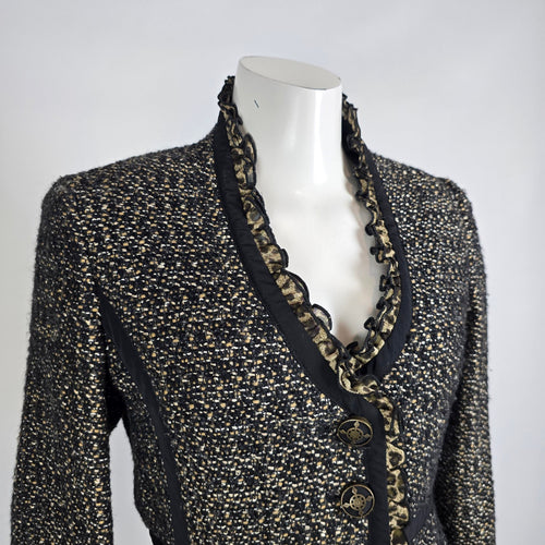 Tweed Jacket Blazer Size S Black Gold Textured Ruffle Trim Animal Print Detail