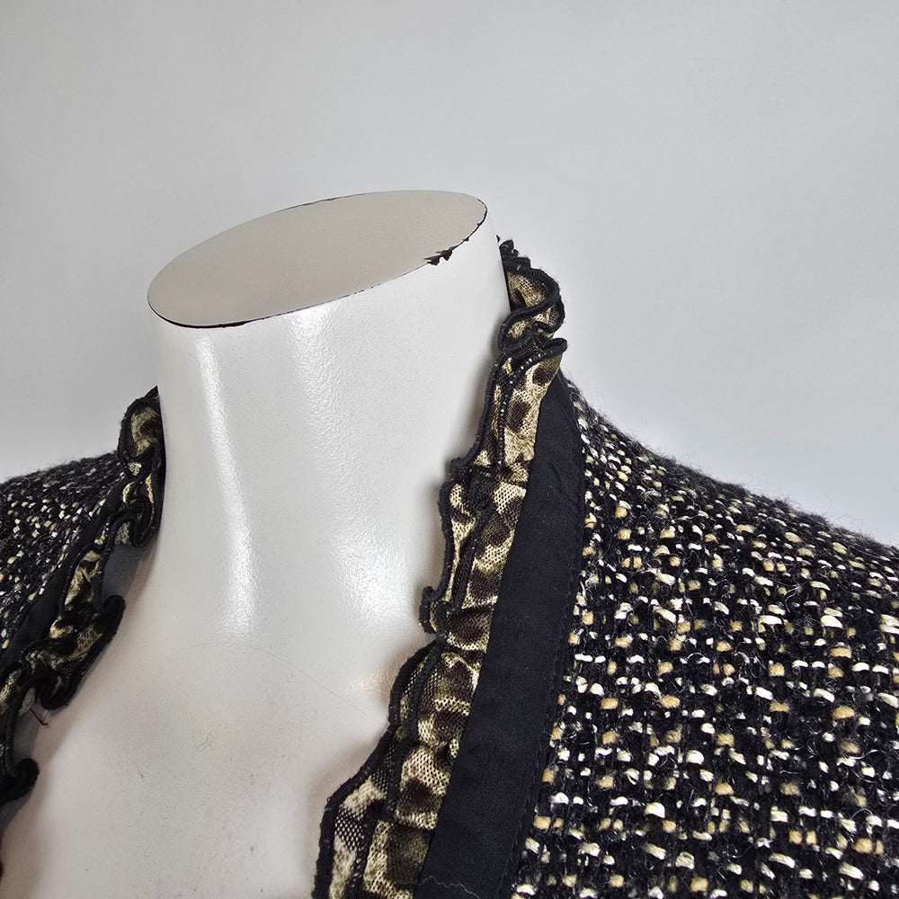 Tweed Jacket Blazer Size S Black Gold Textured Ruffle Trim Animal Print Detail
