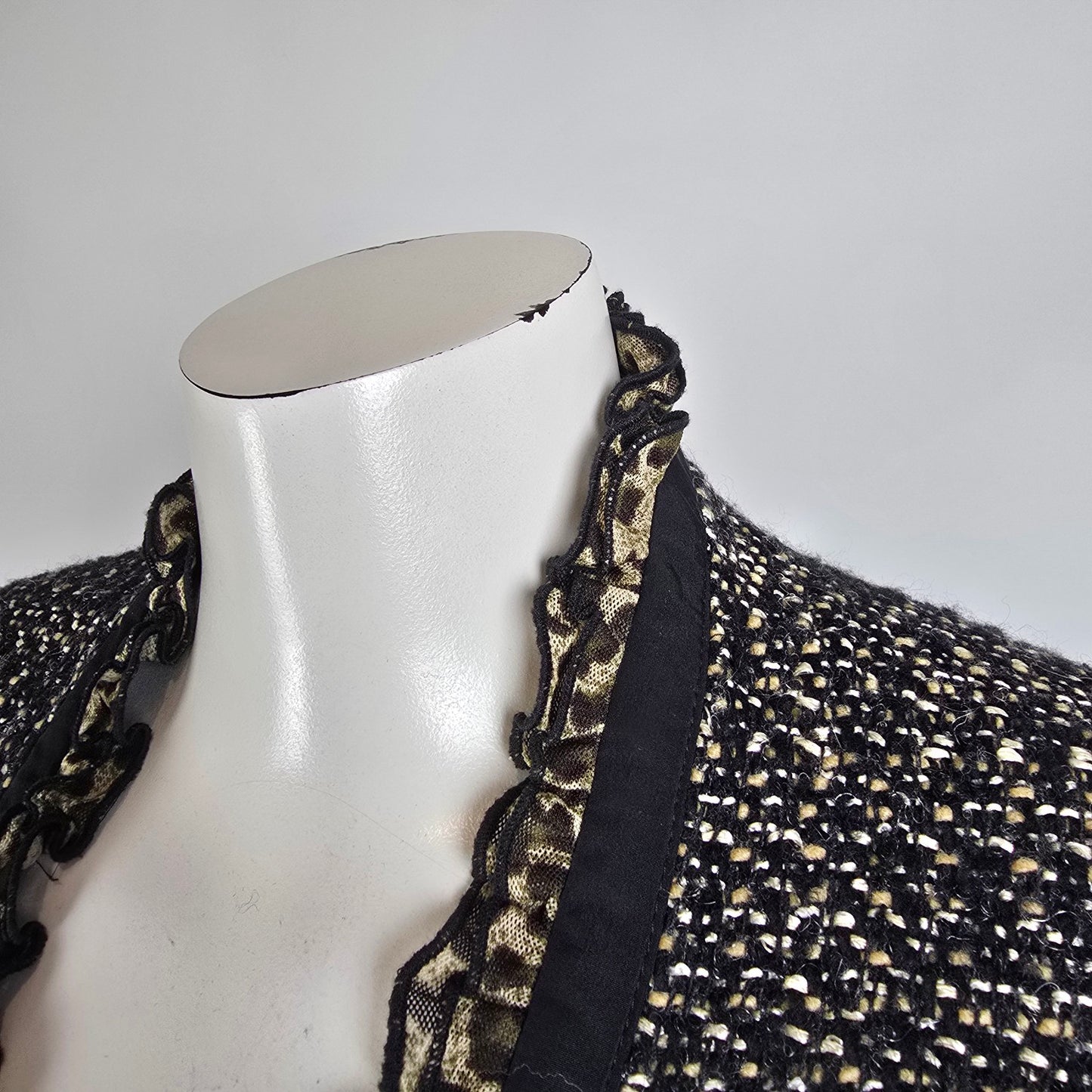 Tweed Jacket Blazer Size S Black Gold Textured Ruffle Trim Animal Print Detail