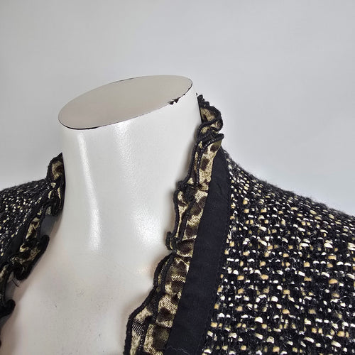 Tweed Jacket Blazer Size S Black Gold Textured Ruffle Trim Animal Print Detail
