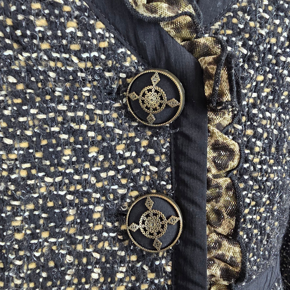 Tweed Jacket Blazer Size S Black Gold Textured Ruffle Trim Animal Print Detail