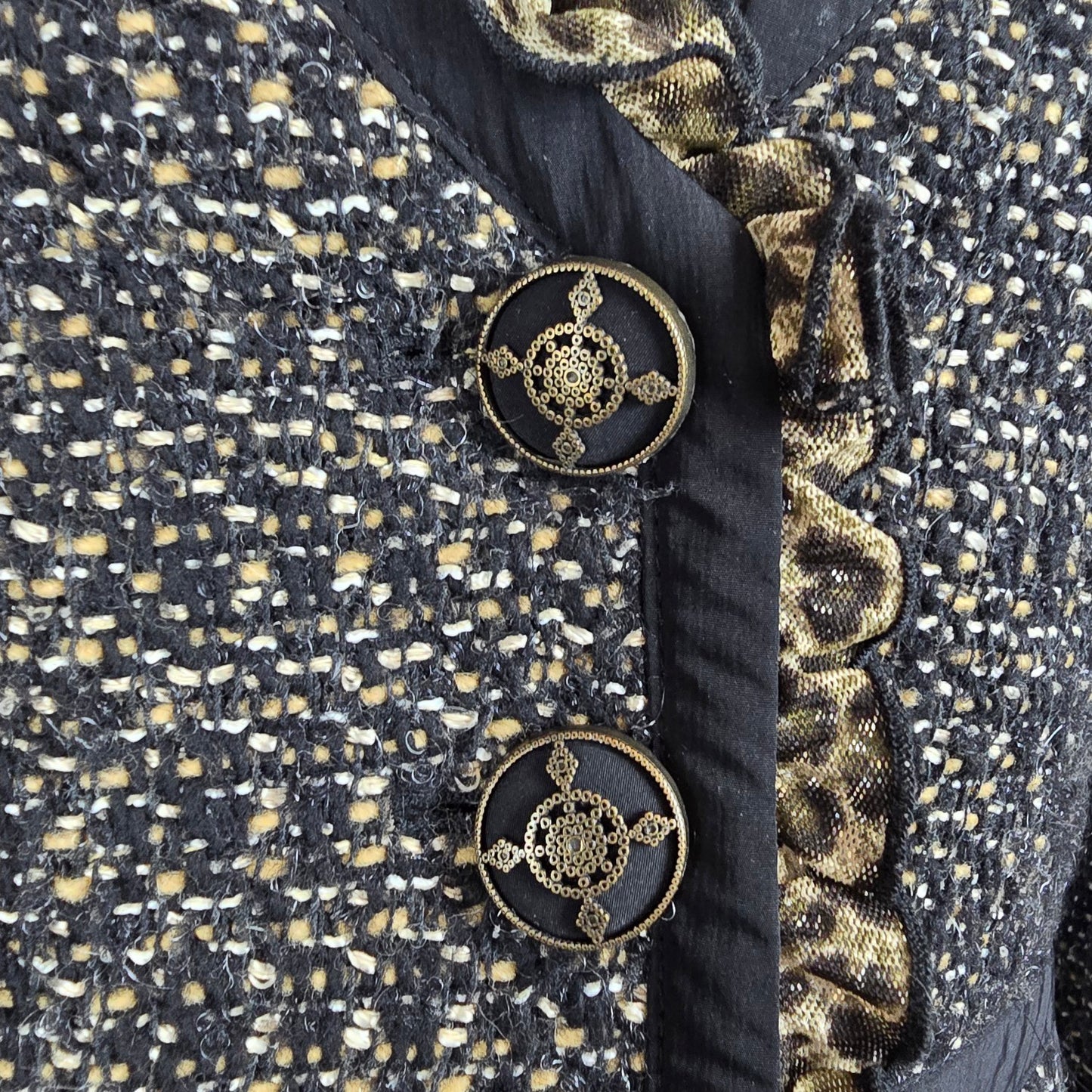 Tweed Jacket Blazer Size S Black Gold Textured Ruffle Trim Animal Print Detail