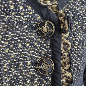 Tweed Jacket Blazer Size S Black Gold Textured Ruffle Trim Animal Print Detail