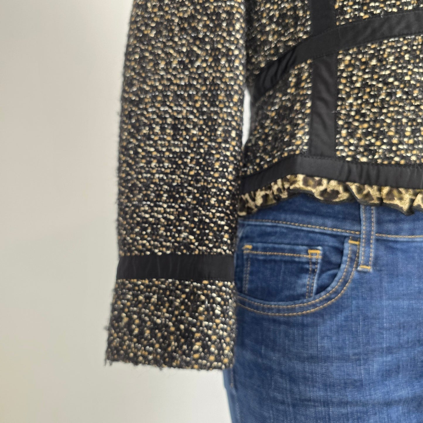 Tweed Jacket Blazer Size S Black Gold Textured Ruffle Trim Animal Print Detail