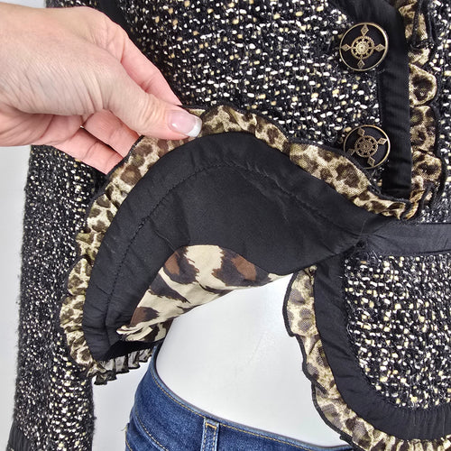 Tweed Jacket Blazer Size S Black Gold Textured Ruffle Trim Animal Print Detail