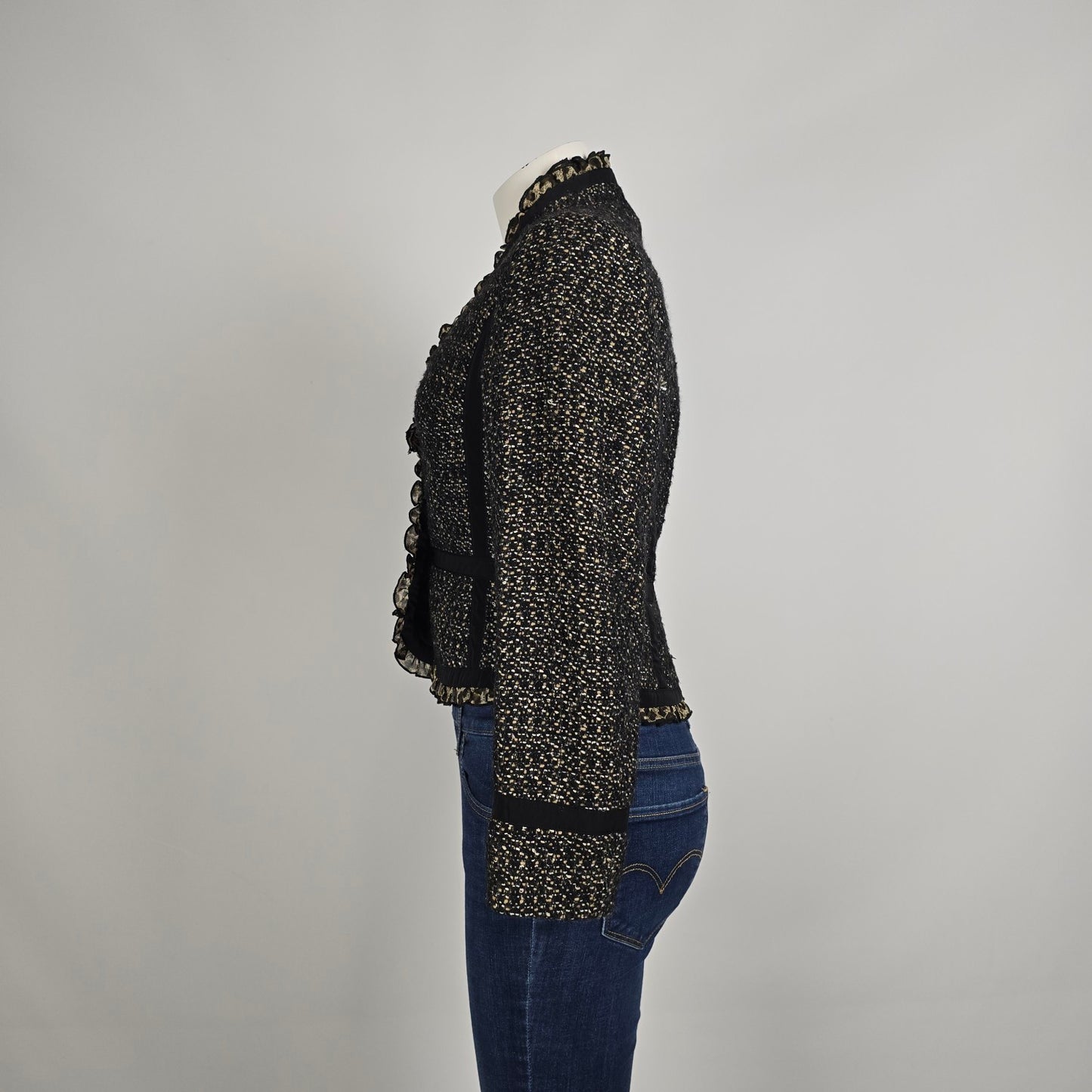 Tweed Jacket Blazer Size S Black Gold Textured Ruffle Trim Animal Print Detail