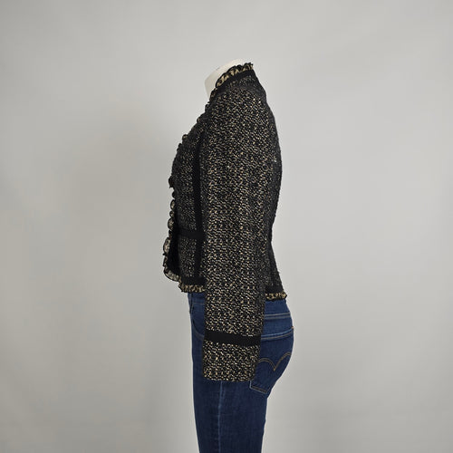 Tweed Jacket Blazer Size S Black Gold Textured Ruffle Trim Animal Print Detail