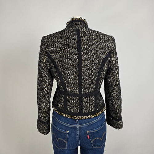 Tweed Jacket Blazer Size S Black Gold Textured Ruffle Trim Animal Print Detail
