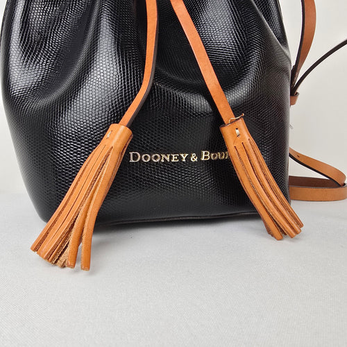 Dooney & Bourke Bucket Bag Black Smooth Leather Drawstring Purse Crossbody