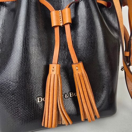 Dooney & Bourke Bucket Bag Black Smooth Leather Drawstring Purse Crossbody