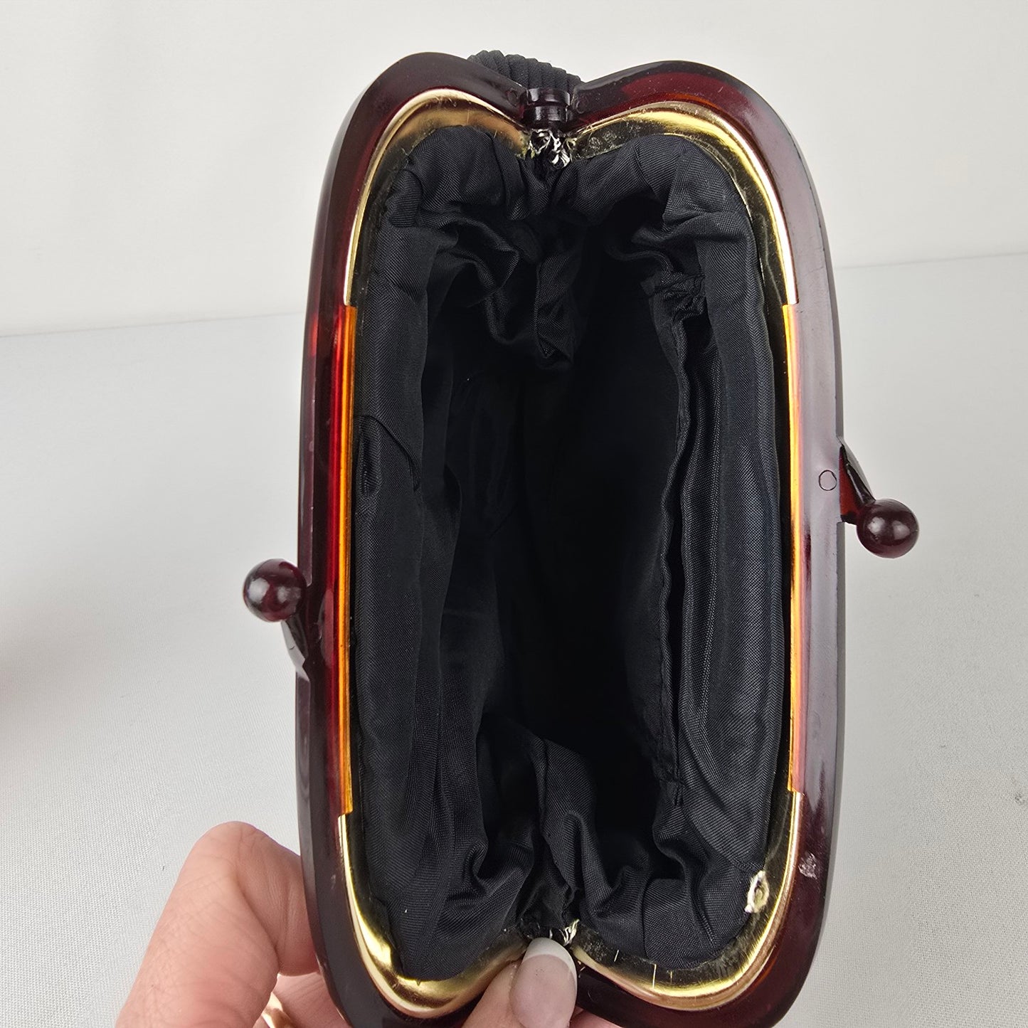 Vintage 1950s Tortoiseshell Lucite Frame Clutch Black Ribbed Evening Bag Kisslock