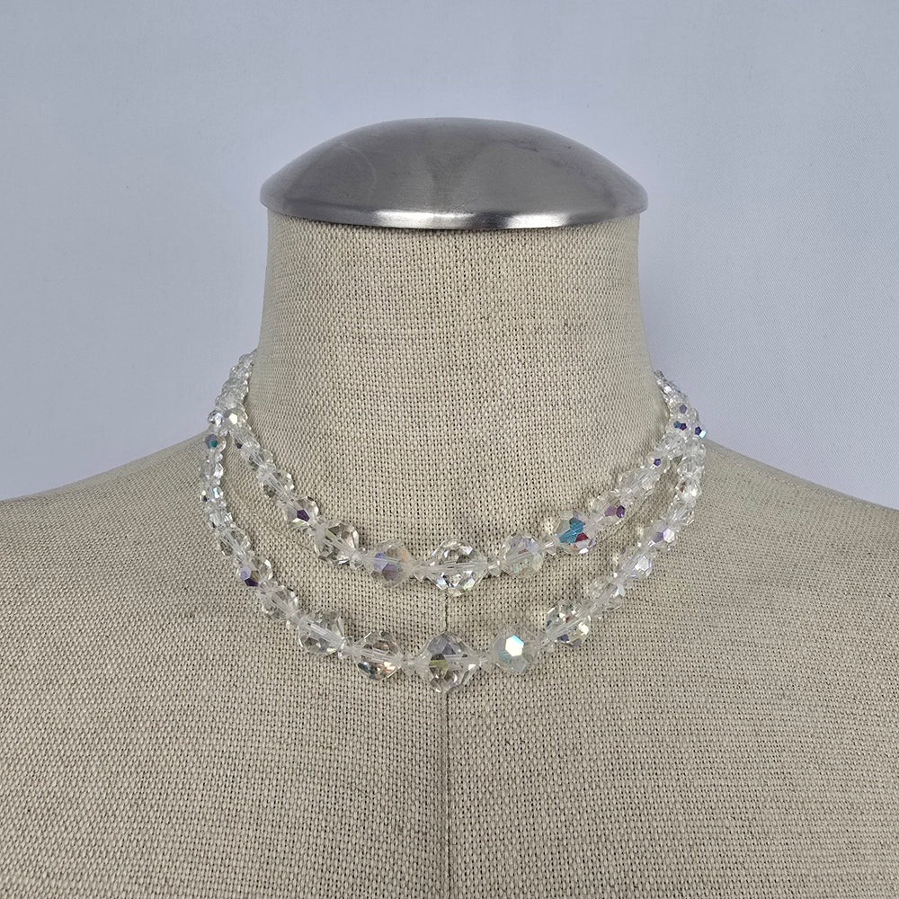 Vintage Crystal Beaded Necklace Aurora Borealis Multi Strand Sparkle Statement