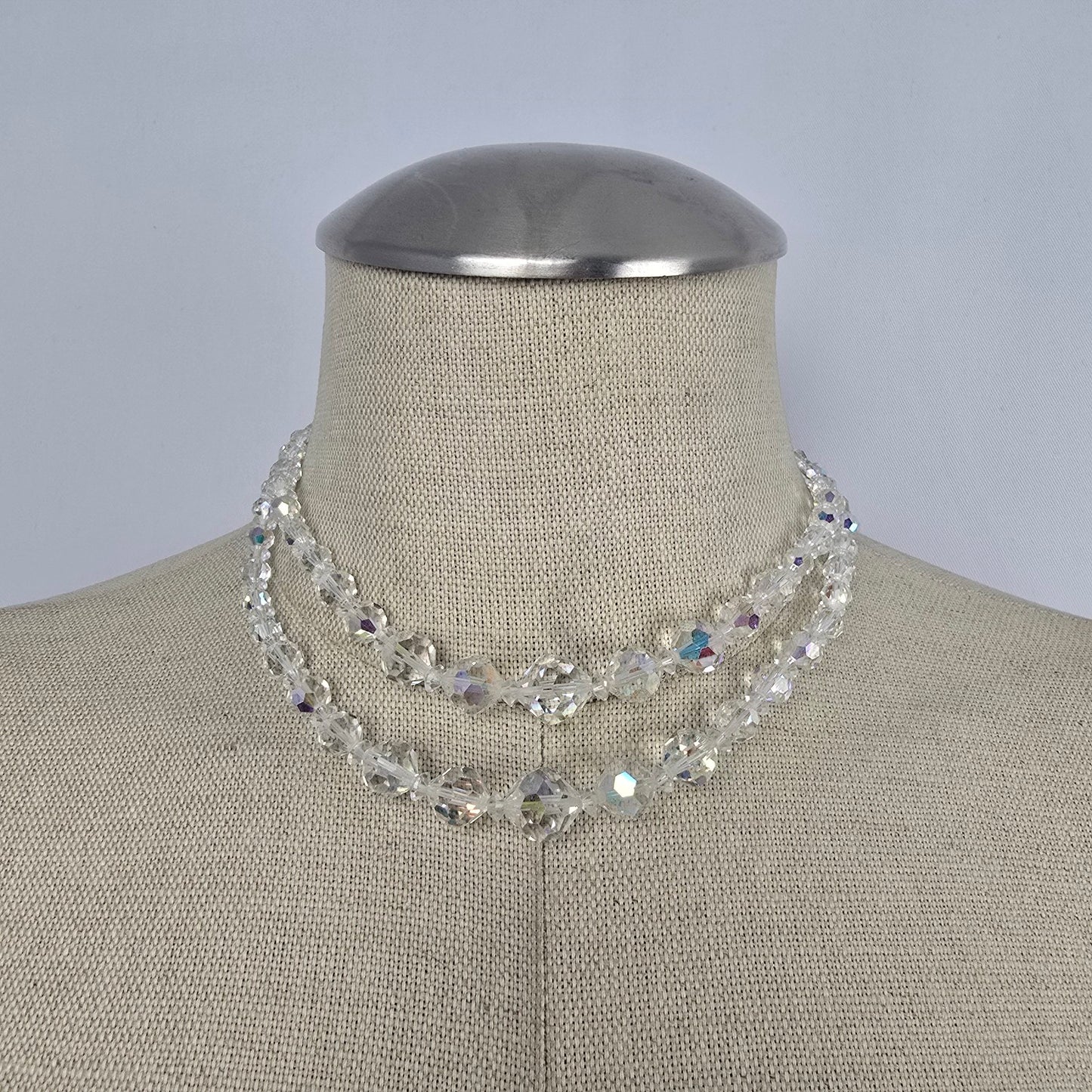 Vintage Crystal Beaded Necklace Aurora Borealis Multi Strand Sparkle Statement