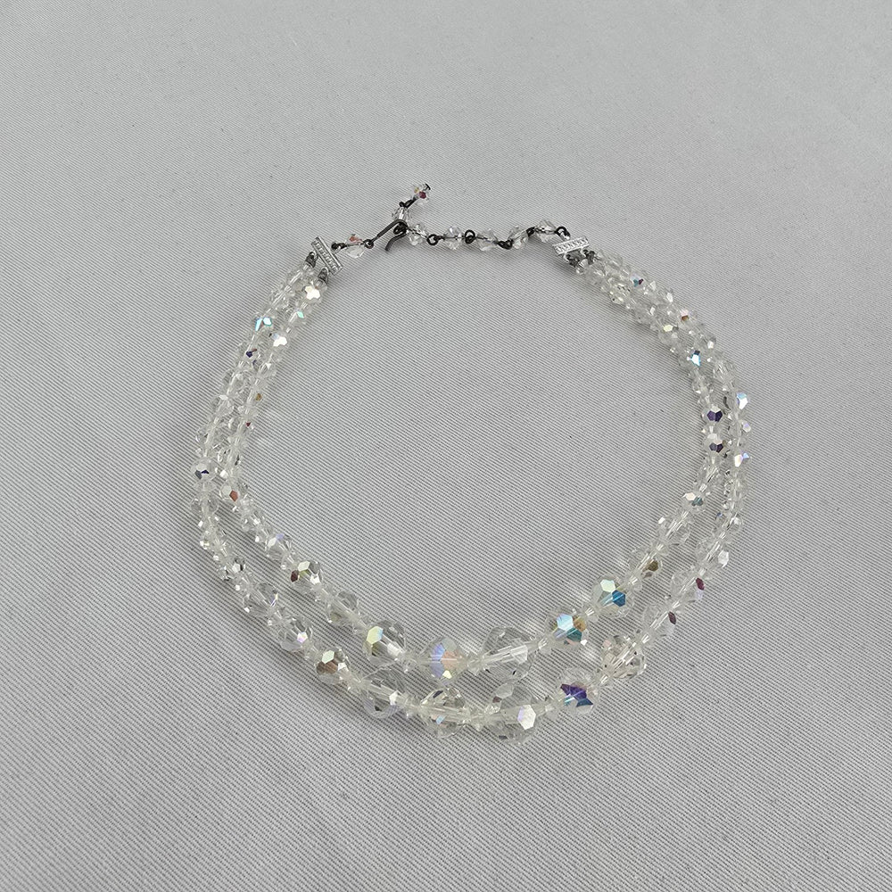 Vintage Crystal Beaded Necklace Aurora Borealis Multi Strand Sparkle Statement