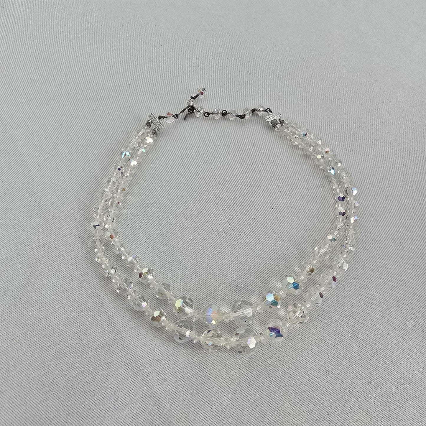 Vintage Crystal Beaded Necklace Aurora Borealis Multi Strand Sparkle Statement