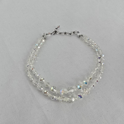Vintage Crystal Beaded Necklace Aurora Borealis Multi Strand Sparkle Statement