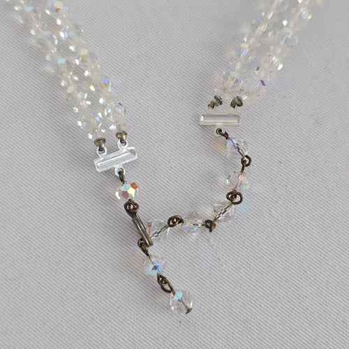 Vintage Crystal Beaded Necklace Aurora Borealis Multi Strand Sparkle Statement