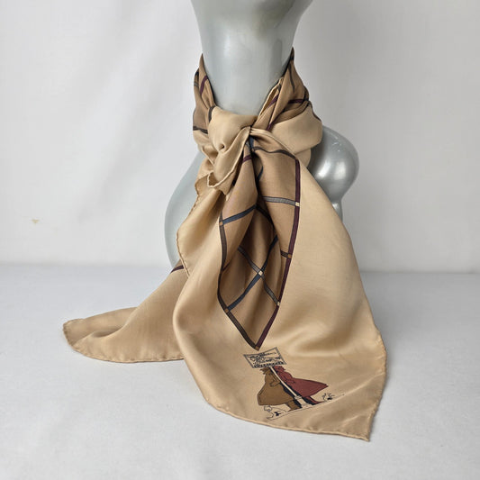 Vintage Burberrys Silk Scarf Made in Italy Equestrian Print Beige Square