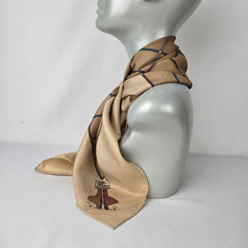 Vintage Burberrys Silk Scarf Made in Italy Equestrian Print Beige Square