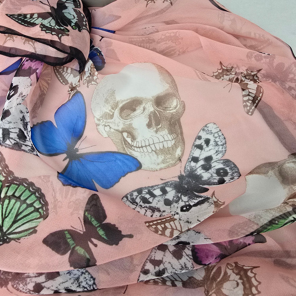 Pink Butterfly Skull Sheer Scarf Goth Edgy Festival Lightweight Wrap