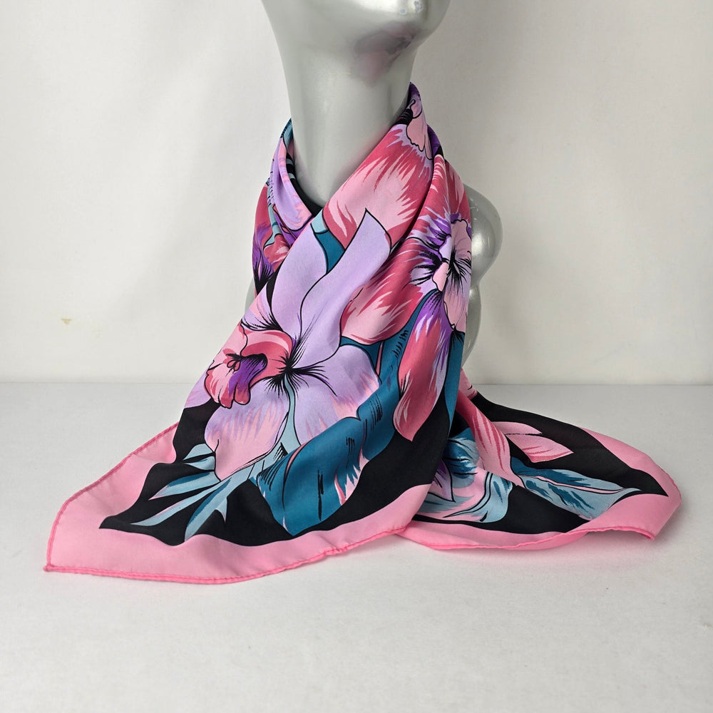 Bright Pink Tropical Floral Satin Scarf Bold Statement Summer Wrap