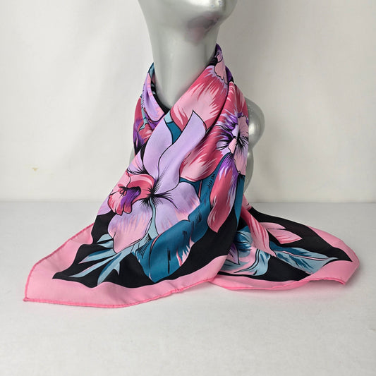 Bright Pink Tropical Floral Satin Scarf Bold Statement Summer Wrap