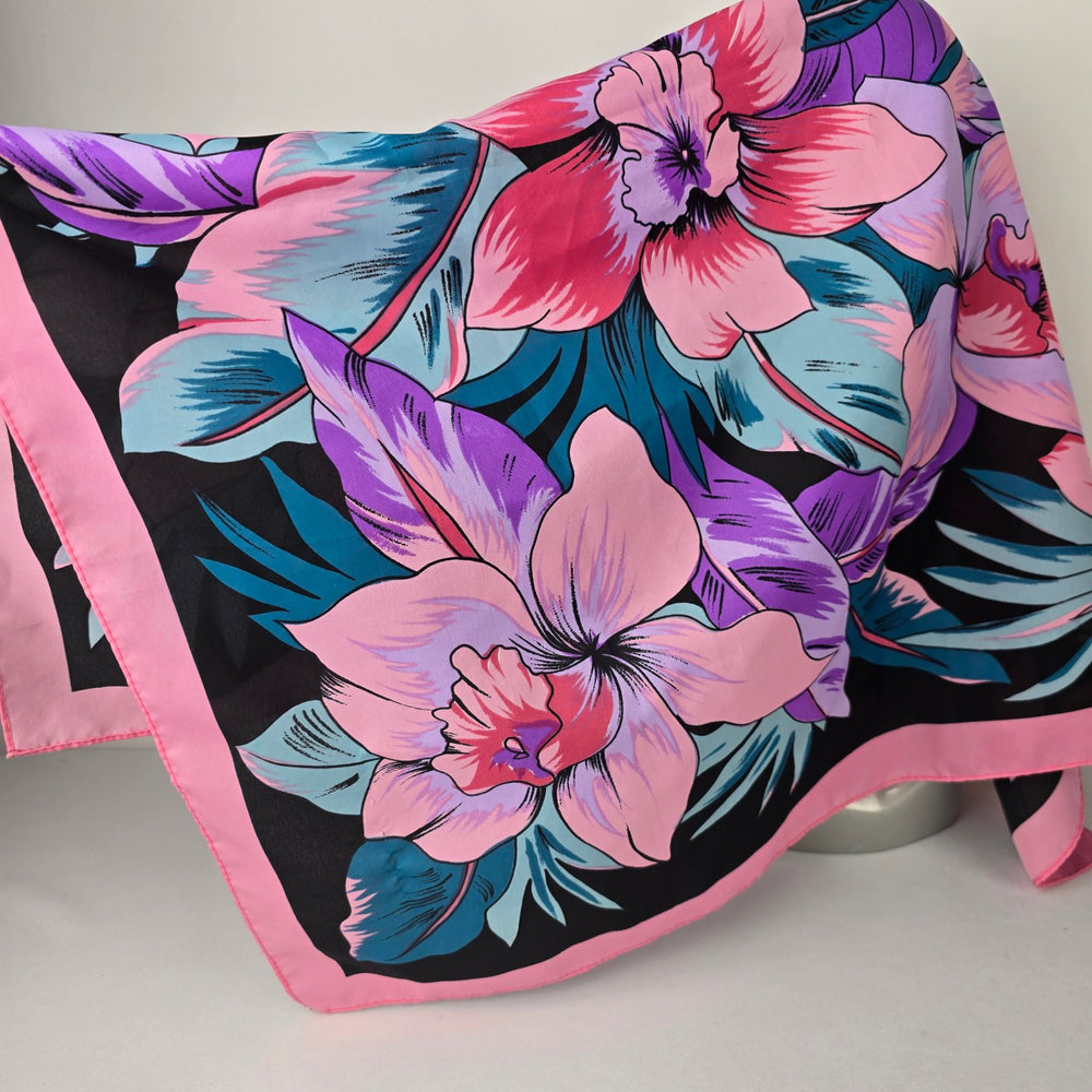 Bright Pink Tropical Floral Satin Scarf Bold Statement Summer Wrap