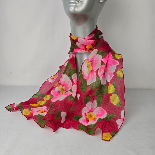 Vintage Floral Lightweight Scarf Pink Red Spring Summer Sheer Wrap