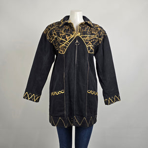 Vintage Statement Black Denim Coat Gold Embroidered Jacket Size L Artistic Boho
