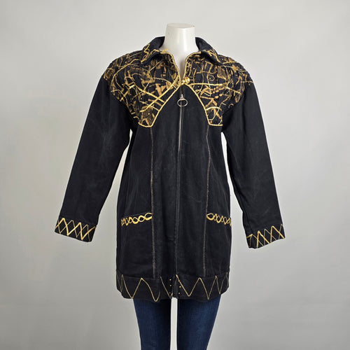 Vintage Statement Black Denim Coat Gold Embroidered Jacket Size L Artistic Boho
