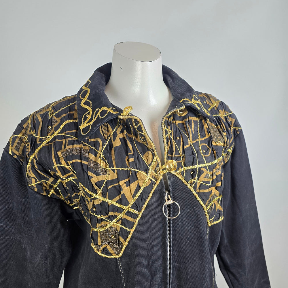 Vintage Statement Black Denim Coat Gold Embroidered Jacket Size L Artistic Boho