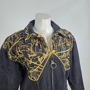 Vintage Statement Black Denim Coat Gold Embroidered Jacket Size L Artistic Boho