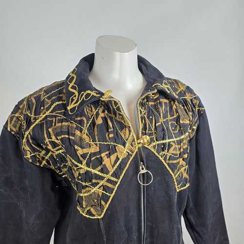 Vintage Statement Black Denim Coat Gold Embroidered Jacket Size L Artistic Boho