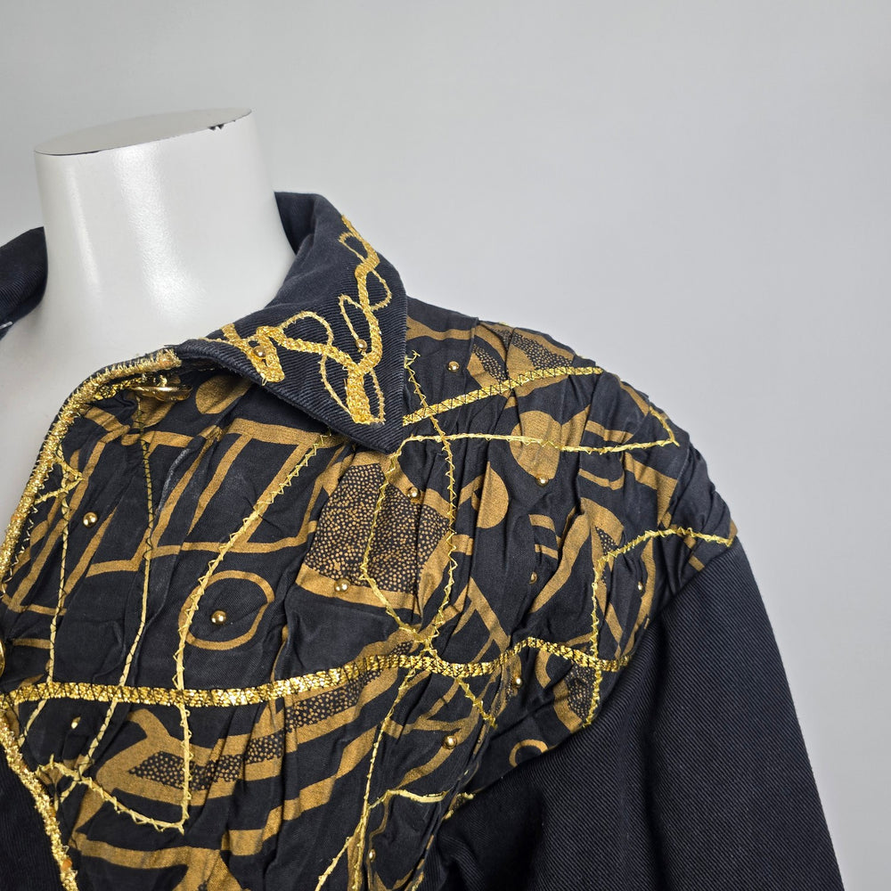 Vintage Statement Black Denim Coat Gold Embroidered Jacket Size L Artistic Boho