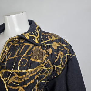 Vintage Statement Black Denim Coat Gold Embroidered Jacket Size L Artistic Boho